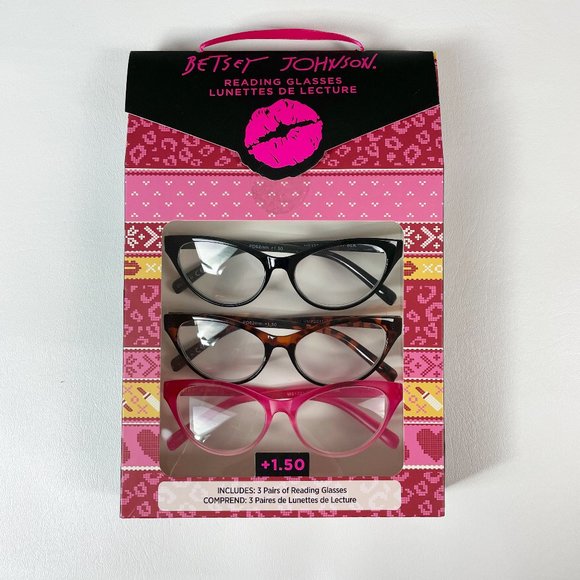 Betsey Johnson +1.50 Reading Glasses Pink Tortoise Black 3 Pair - Picture 1 of 3